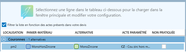 La même fenêtre s'ouvre : à gauche, la liste des actes qui ont une alternative. Modifiez-la si besoin