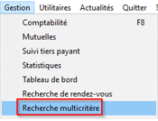 Placez-vous sur le cabinet du praticien concerné, puis ouvrez le menu Gestion > Recherche multicritère