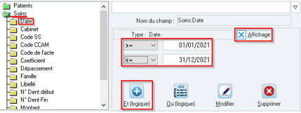 Dans Soins, sélectionnez Date, saisissez les dates de la période, puis Affichage et Et (logique)