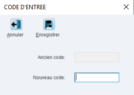Fenêtre CODE D'ENTREE : champs Ancien code et Nouveau code.