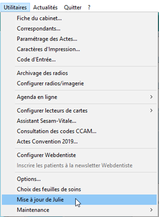 Ouvrez le menu Utilitaires > Mise à jour de Julie