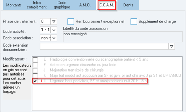 Dans l'onglet CCAM, cochez la case U Urgence hors pédiatres, SF et omnipraticiens nuit 20h-8h