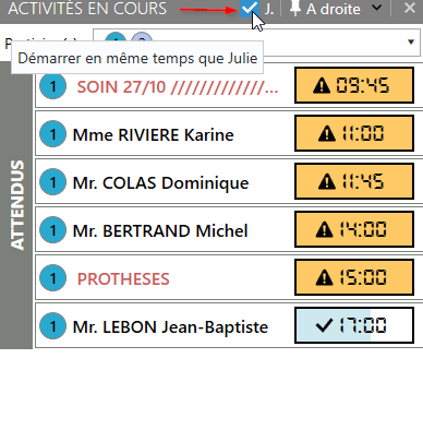 La case Démarrer en même temps que Julie, en haut de la salle d'attente, a peut-être été décochée. Elle sert à ne pas ouvrir la salle d'attente sur les poste…