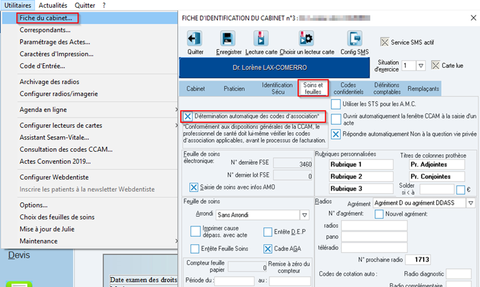 Dans l'onglet Soins et feuilles, cochez Détermination automatique des codes d'association