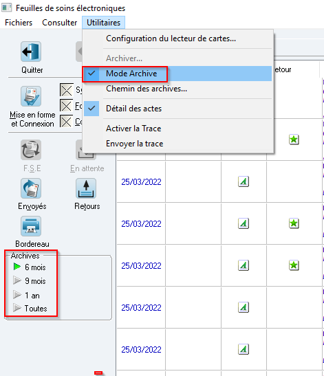 Dans le cadre Archives qui apparaît, choisissez la période selon la date de la feuille ou du lot recherché (6 mois, 9 mois, 1 an ou Toutes)