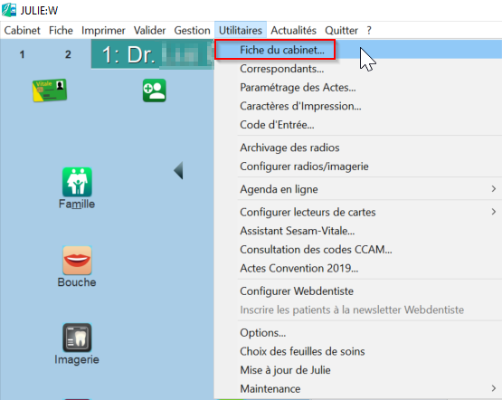 Ouvrez le menu Utilitaires > Fiche du cabinet