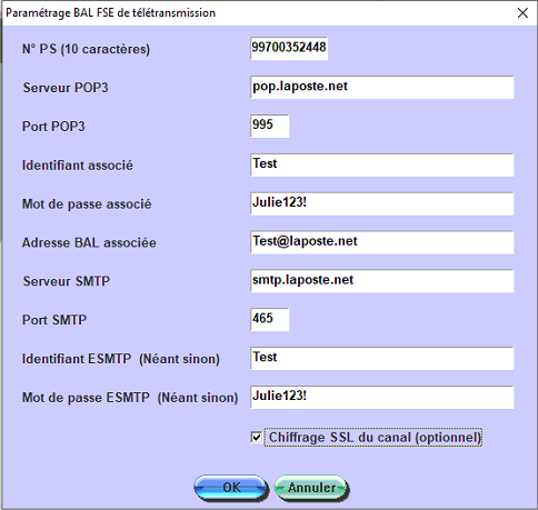 Adresse @laposte.net : serveur POP3 pop.laposte.net, port 995 ; serveur SMTP smtp.laposte.net, port 465 ; identifiant associé et identifiant ESMTP = la parti…