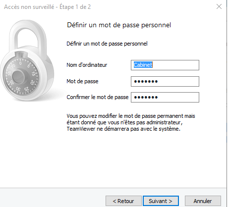 L'assistant d'accès non surveillé s'ouvre : donnez un nom à l'ordinateur et définissez un mot de passe d'accès, puis cliquez sur Suivant