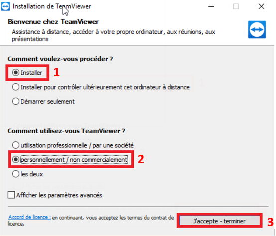 Choisissez Installer, puis personnellement / non commercialement, et cliquez sur J'accepte - terminer