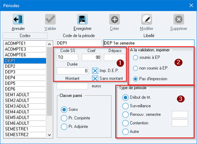 Ouvrez le menu Gestion > Échéancier d'orthodontie, puis Paramétrages > Périodes, et créez la période