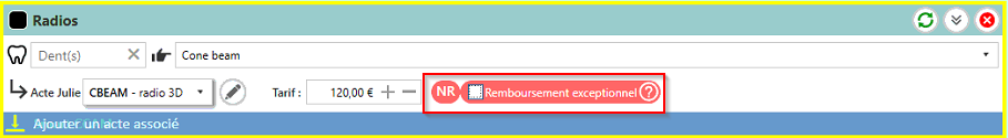 Avant de valider la saisie de vos actes, vérifiez que la case Remboursement exceptionnel est cochée (exemple avec l'acte LAQK027)