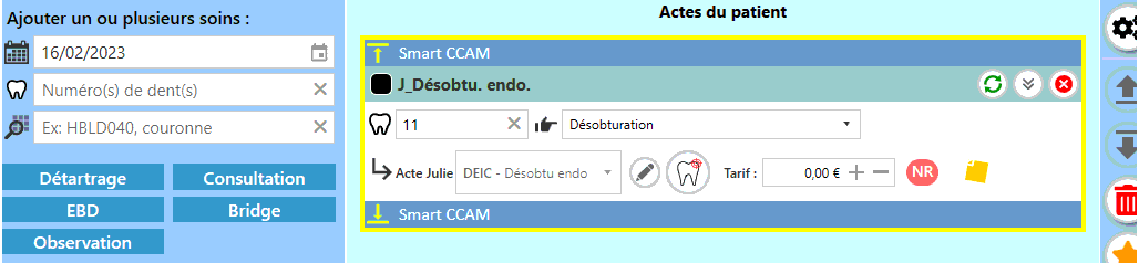 Sélectionnez la dent et cotez l'acte d'endodontie souhaité
