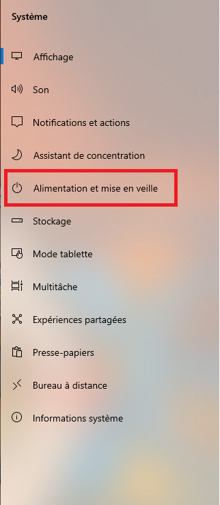 Dans la colonne de gauche, cliquez sur Alimentation et mise en veille