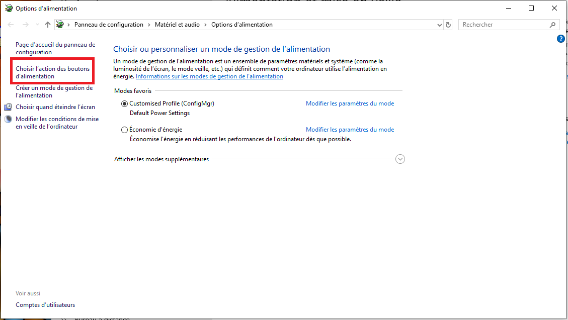 Cliquez sur Choisir l'action des boutons d'alimentation