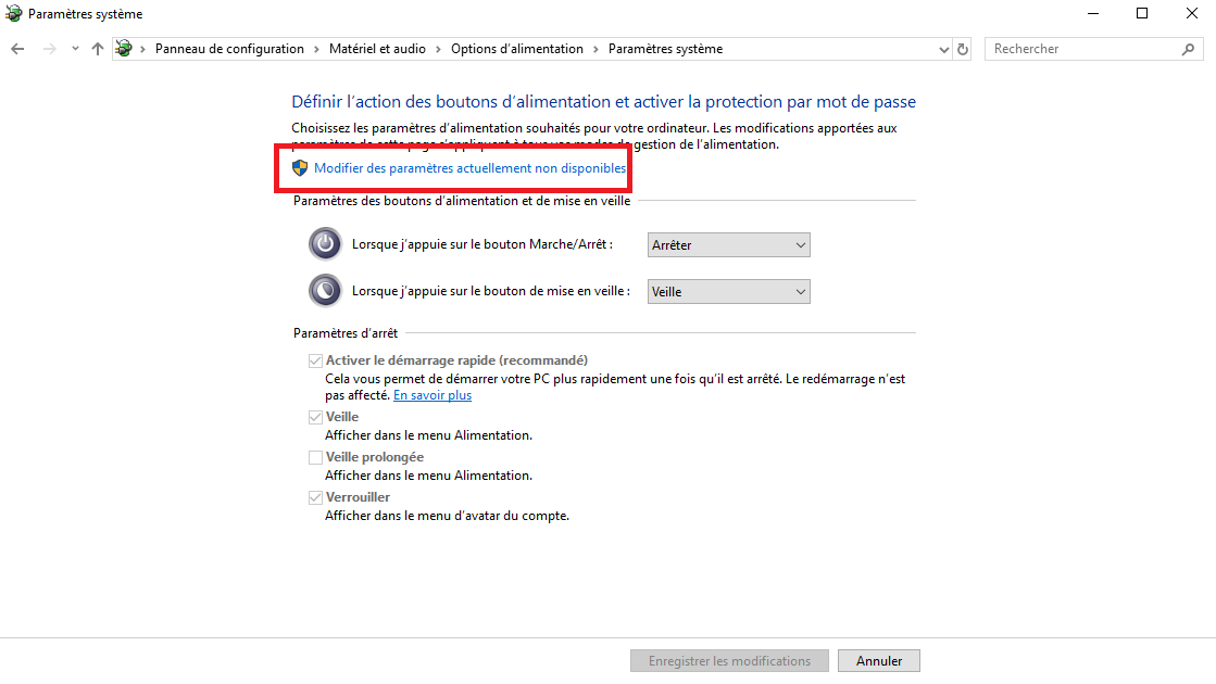 Cliquez sur Modifier des paramètres actuellement non disponibles