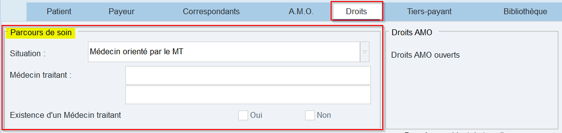 Dans l'onglet Droits, cadre Parcours de soin, saisissez le nom du médecin traitant et choisissez la situation Médecin orienté par le MT